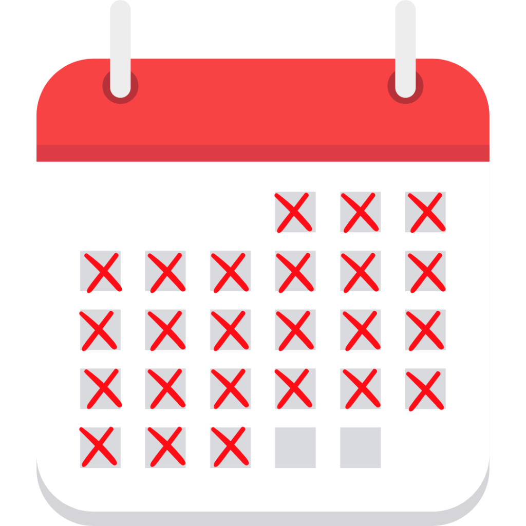Illustration of a monthly calendar with red X marks crossing off each day, except for the last three days, which are blank.