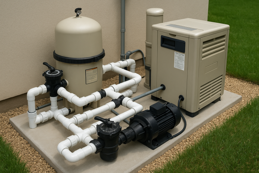 a residential pool equipment pad with a sand filter and a heater on a concrete slab